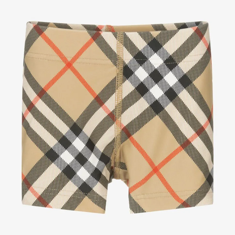 Baby Boys Beige Check Swim Shorts