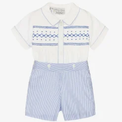 Baby Boys Blue Cotton Smocked Buster Suit