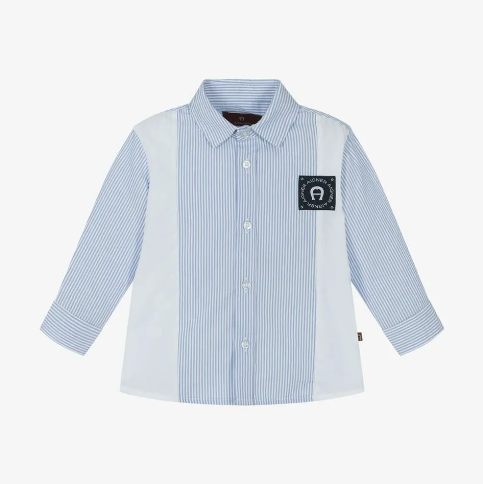 Baby Boys Blue Striped Panel Cotton Shirt