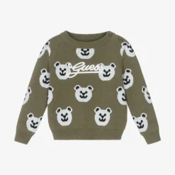 Baby Boys Green Cotton Bear Sweater