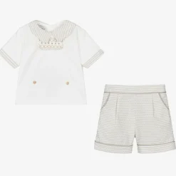 Baby Boys Ivory & Beige Cotton Buster Suit