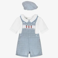 Baby Boys White & Blue Dungaree Shorts Set