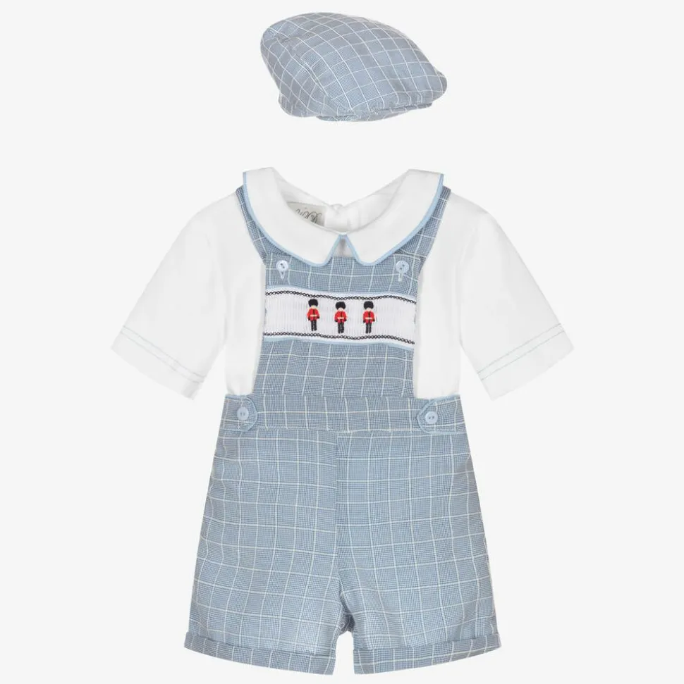 Baby Boys White & Blue Dungaree Shorts Set