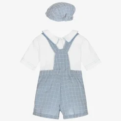 Baby Boys White & Blue Dungaree Shorts Set