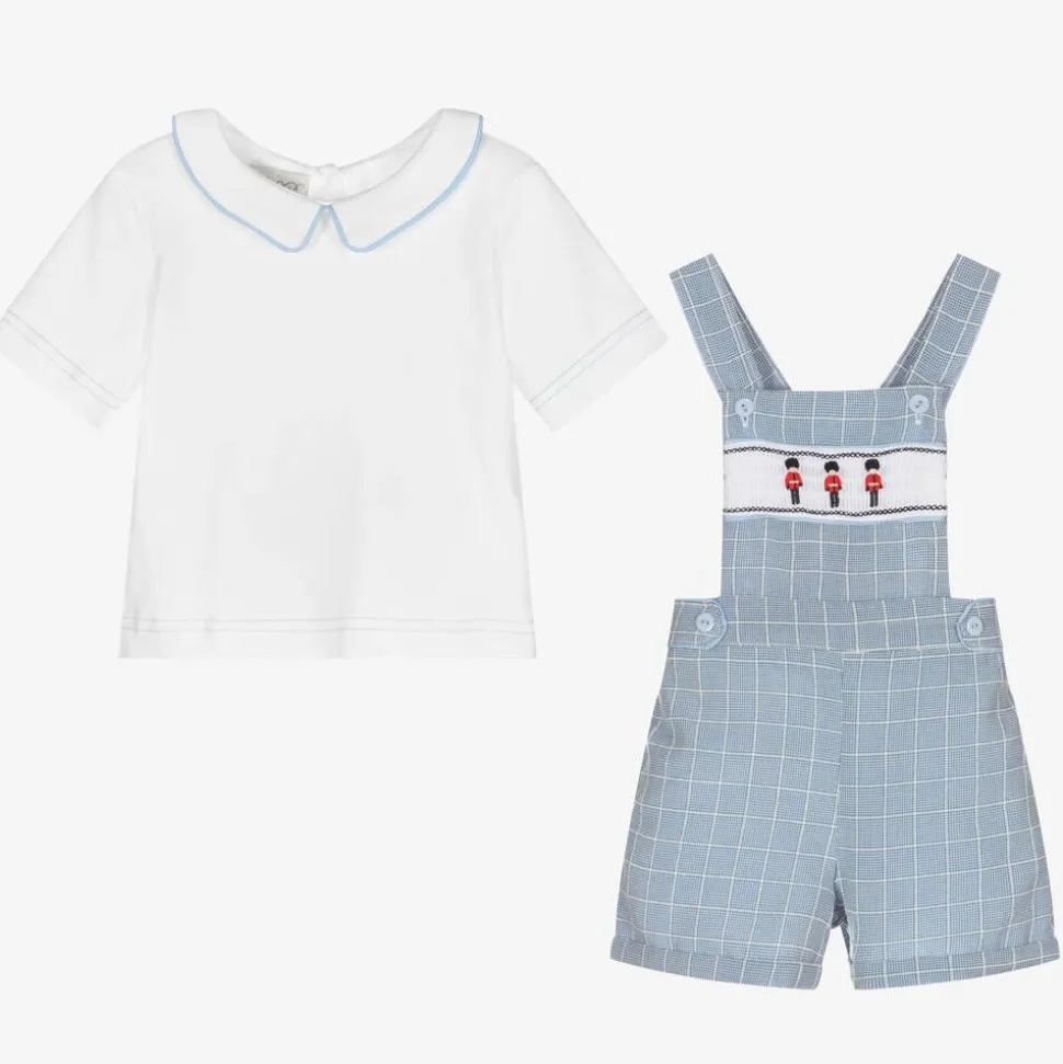 Baby Boys White & Blue Dungaree Shorts Set