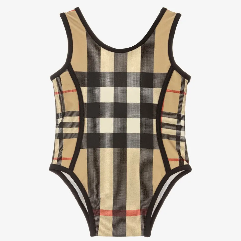 Baby Girls Beige Check Swimsuit