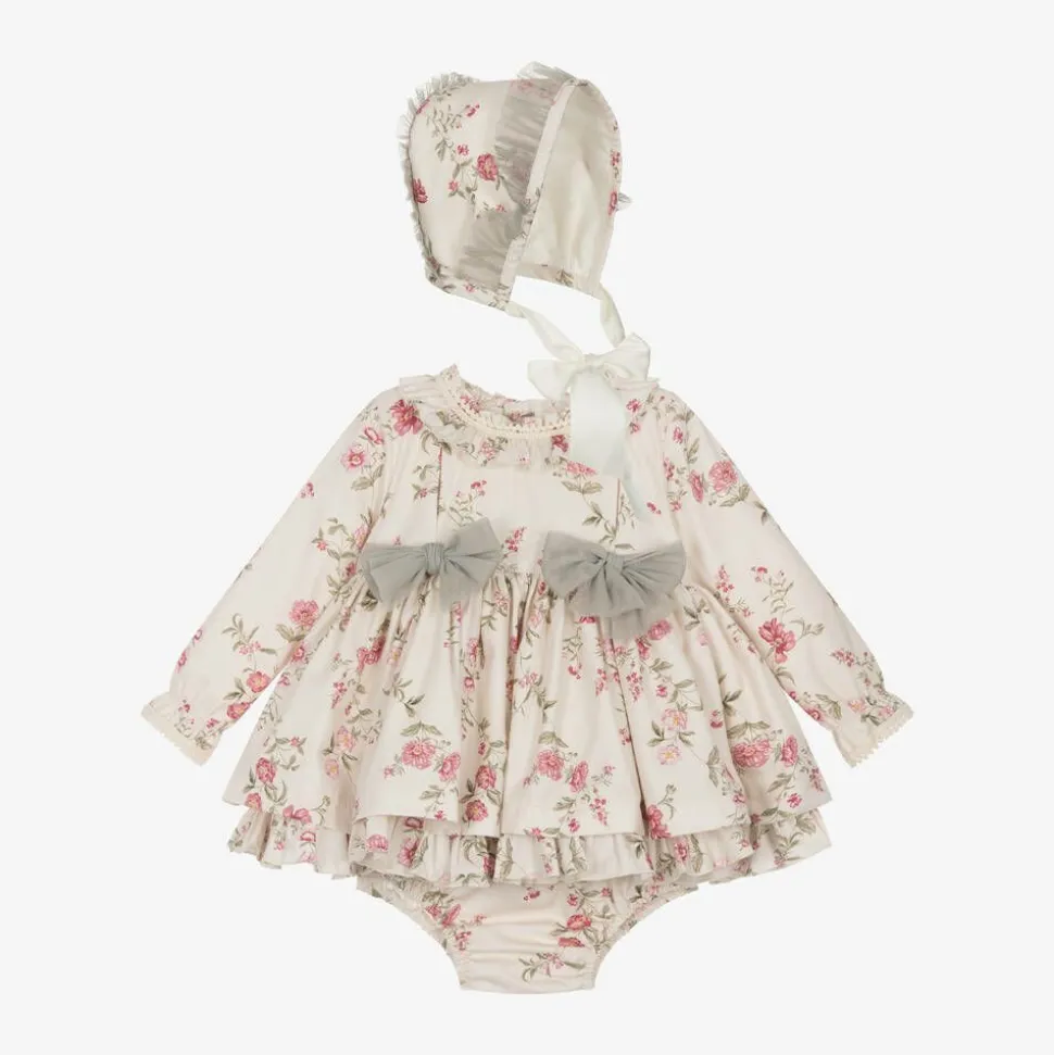 Baby Girls Beige Floral Print Cotton Dress Set