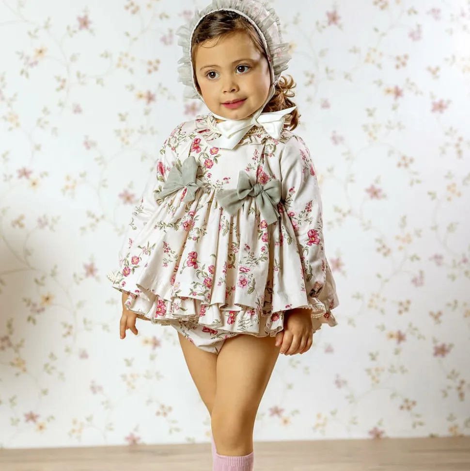Baby Girls Beige Floral Print Cotton Dress Set