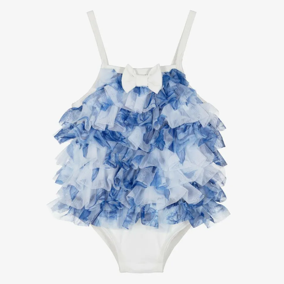 Baby Girls Blue & White Frill Swimsuit (UPF50+)