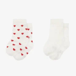 Baby Girls Ivory & Red Heart Cotton Socks (2 Pack)