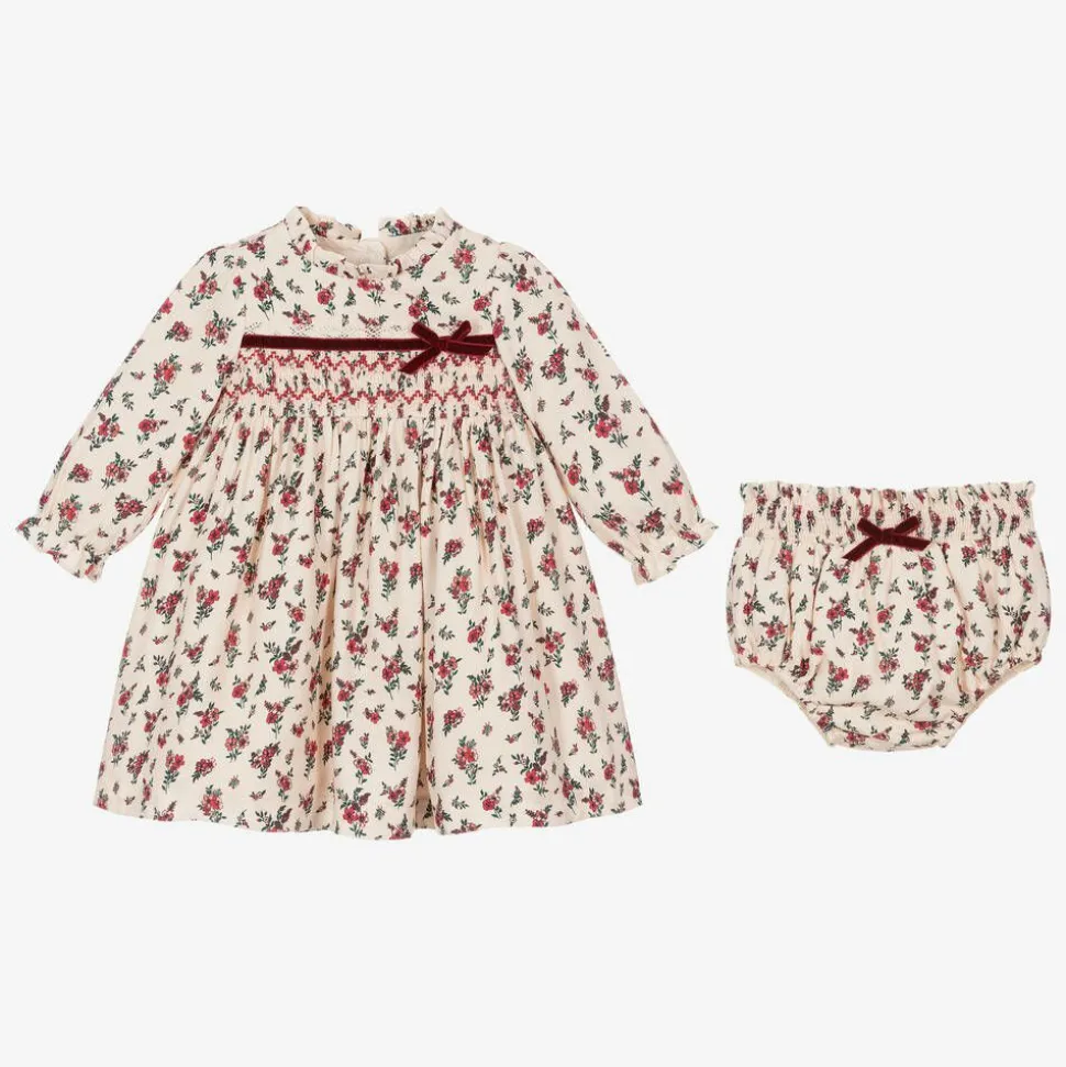 Baby Girls Ivory & Red Smocked Floral Dress