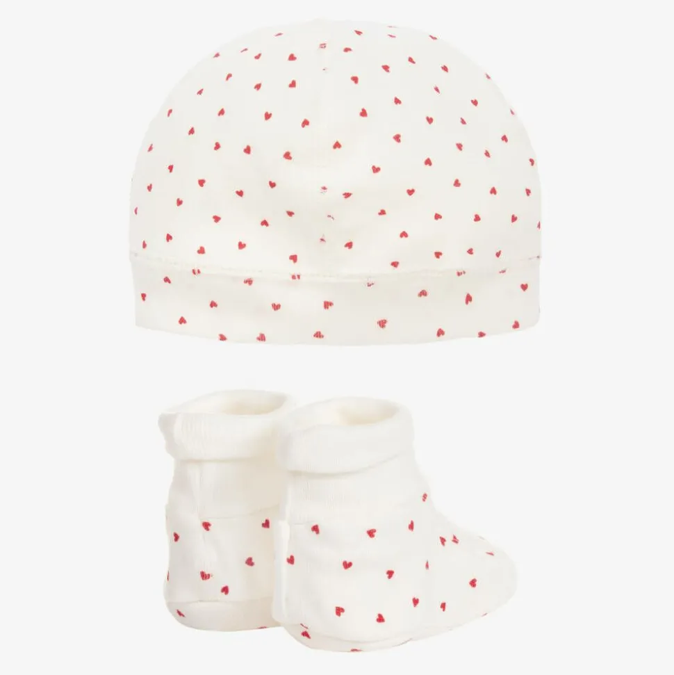 Baby Girls Ivory Cotton Hat & Booties Set
