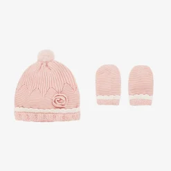 Baby Girls Pink Cotton Hat & Mittens Set