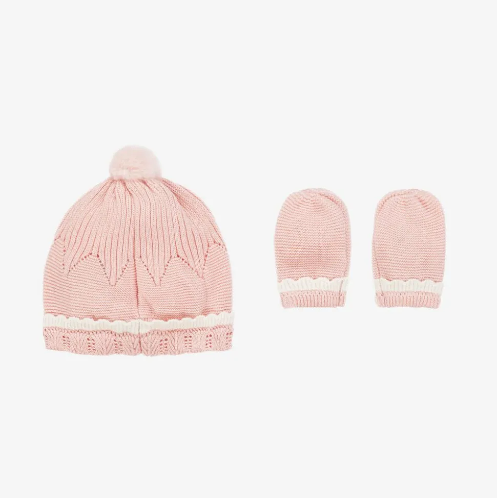 Baby Girls Pink Cotton Hat & Mittens Set