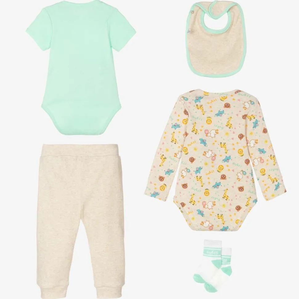 Beige & Green Cotton Babysuit Set