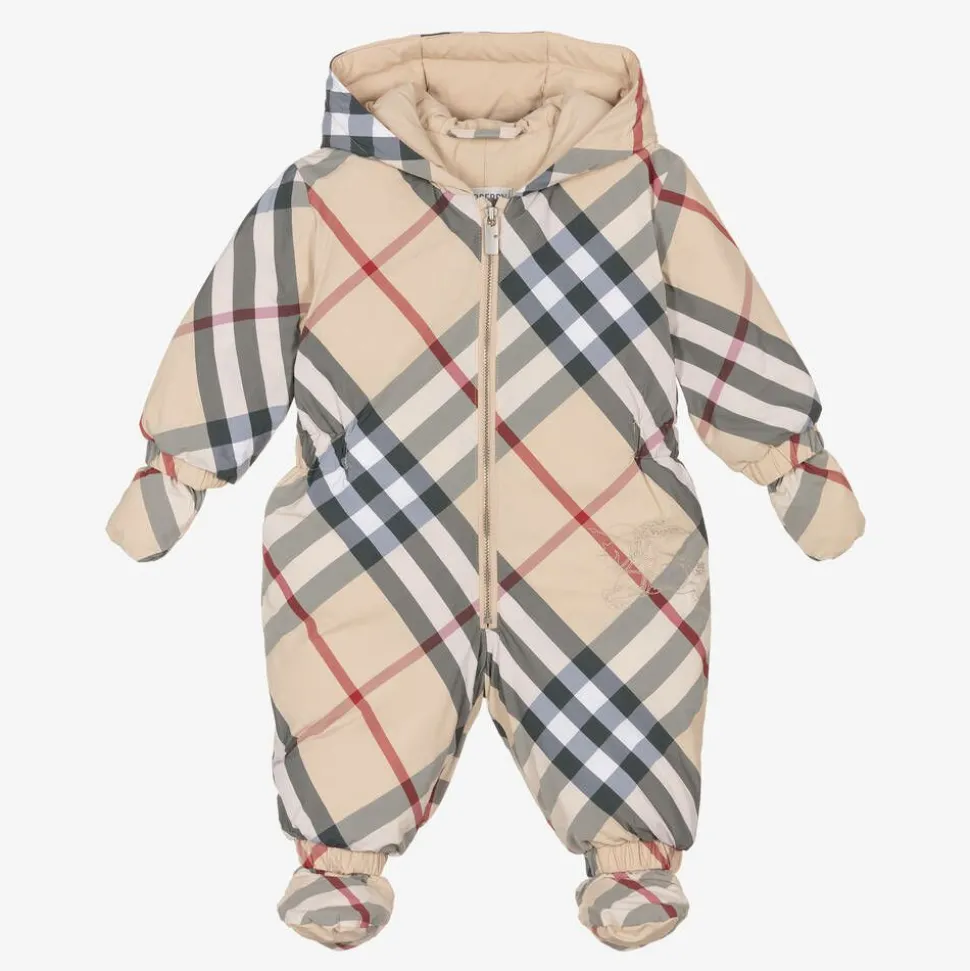 Beige Check Down Padded Baby Snowsuit