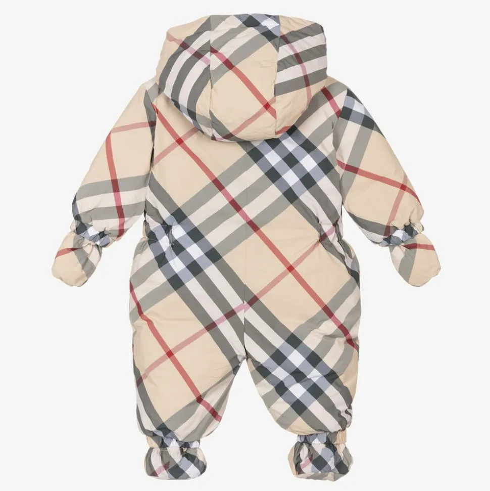 Beige Check Down Padded Baby Snowsuit