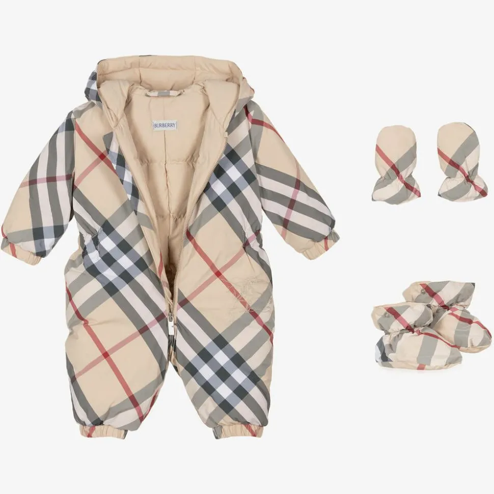 Beige Check Down Padded Baby Snowsuit