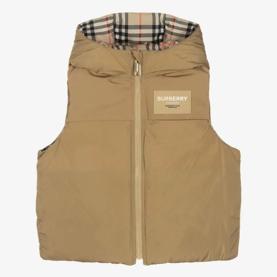 Beige Check Reversible Down Gilet