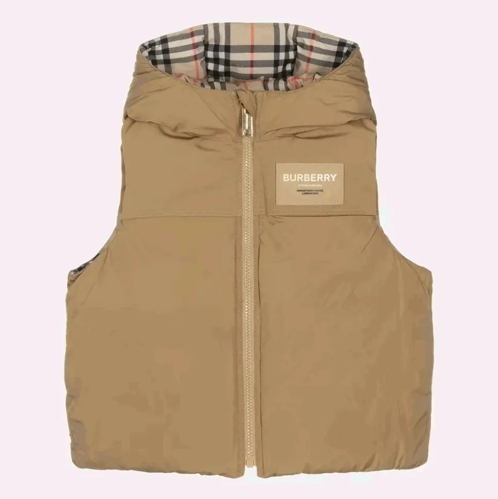 Beige Check Reversible Down Gilet
