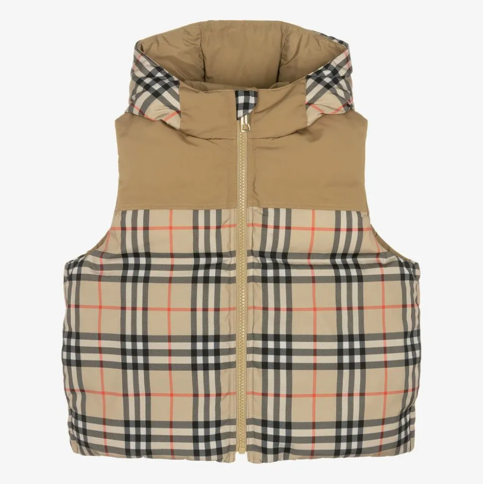 Beige Check Reversible Down Gilet