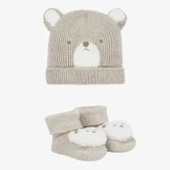 Beige Cotton Bear Baby Hat Set