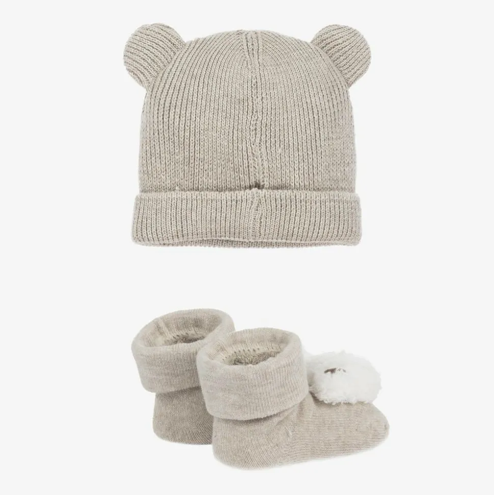 Beige Cotton Bear Baby Hat Set