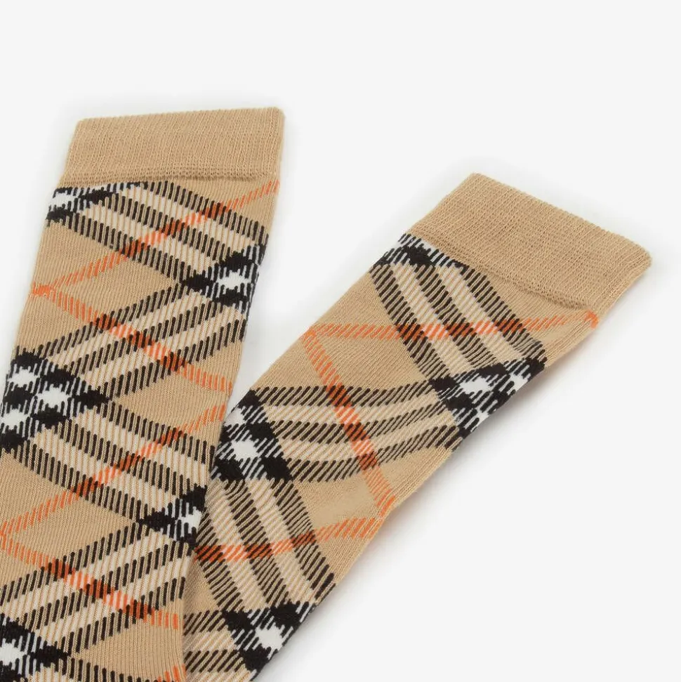Beige Cotton Checked Knee Socks