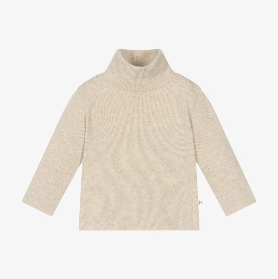 Beige Cotton Knit Turtleneck Baby Sweater