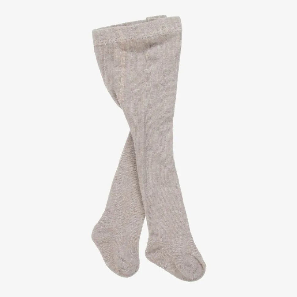 Beige Cotton Ribbed Baby Tights