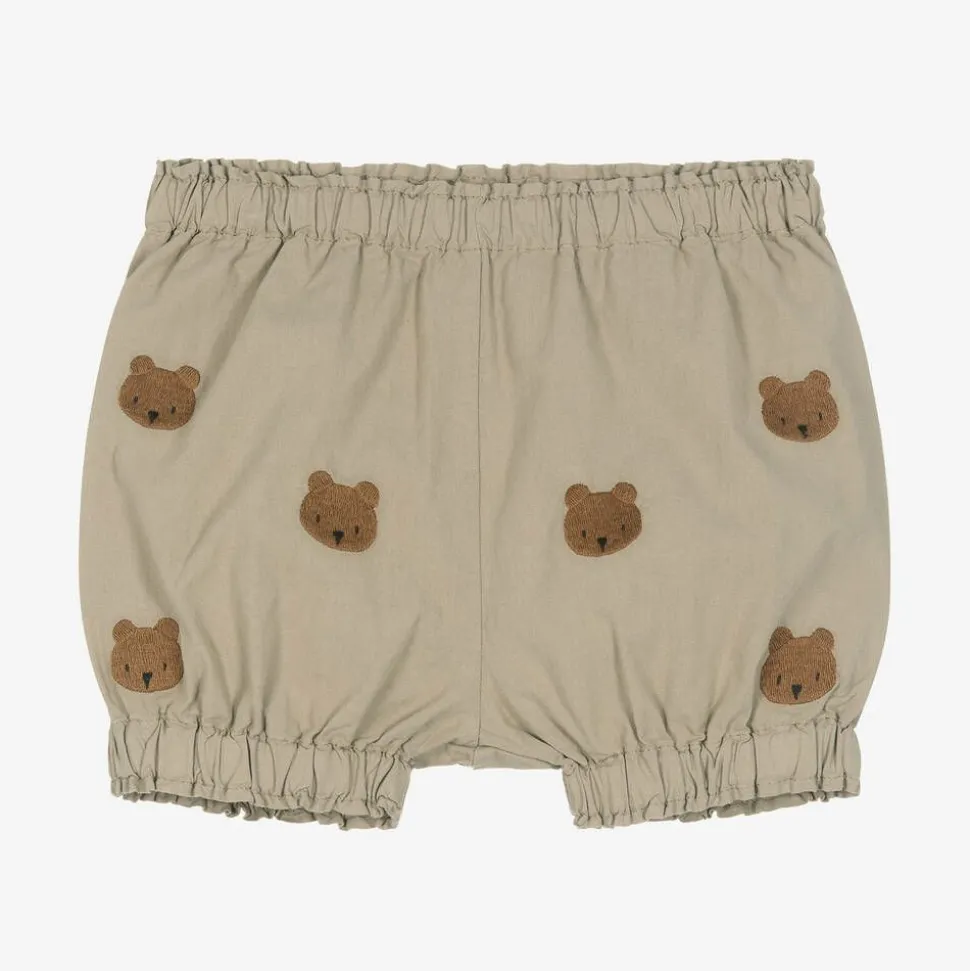 Beige Embroidered Cotton Teddy Bear Shorts