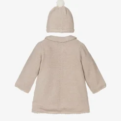Beige Knitted Cotton Pram Coat & Hat Set