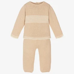 Beige Knitted Cotton Trouser Set