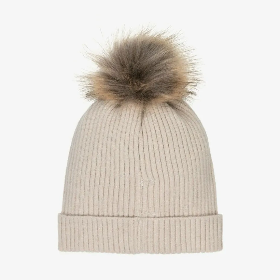 Beige Knitted Pom-Pom Hat