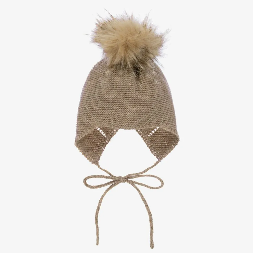 Beige Knitted Wool & Alpaca Pom-Pom Hat