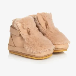 Beige Leather & Faux Fur Pre-Walkers