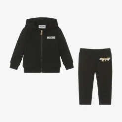 Black Cotton Teddy Bear Logo Tracksuit