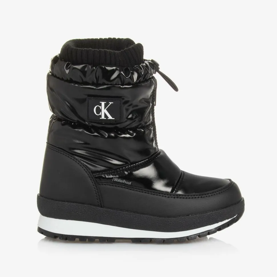 Black Faux Leather Snow Boots