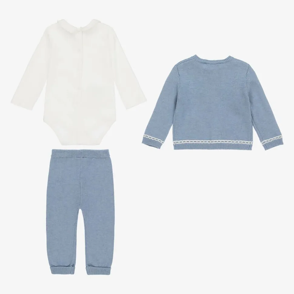 Blue Cotton & Wool Knit Baby Trouser Set