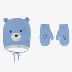 Blue Cotton Bear Hat & Mittens Set