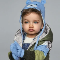 Blue Cotton Bear Hat & Mittens Set