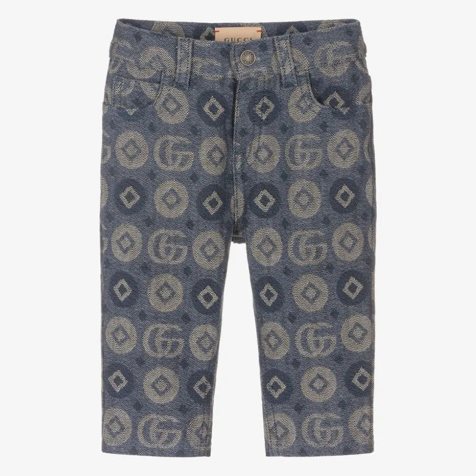 Blue Cotton Jacquard Logo Trousers