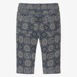 Blue Cotton Jacquard Logo Trousers