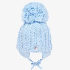 Blue Laura Knitted Giant Pom-Pom Beanie