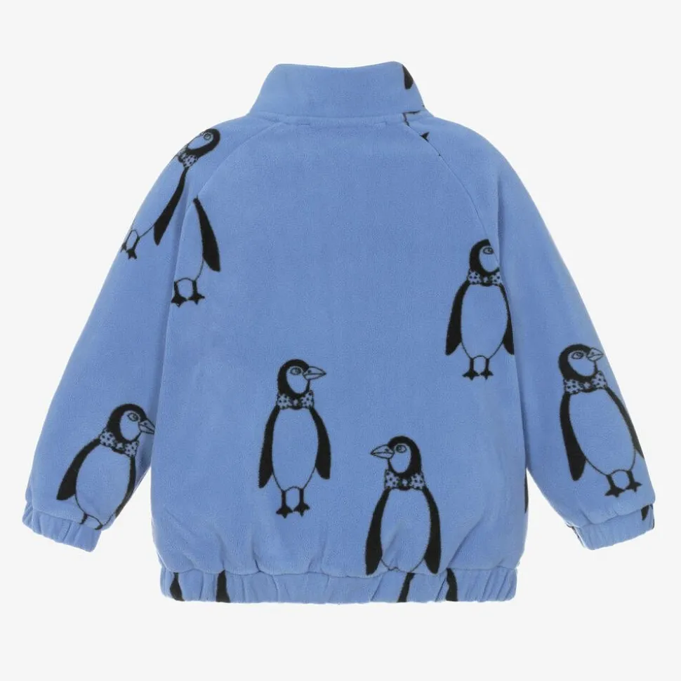 Blue Penguin Print Zip-Up Fleece Top