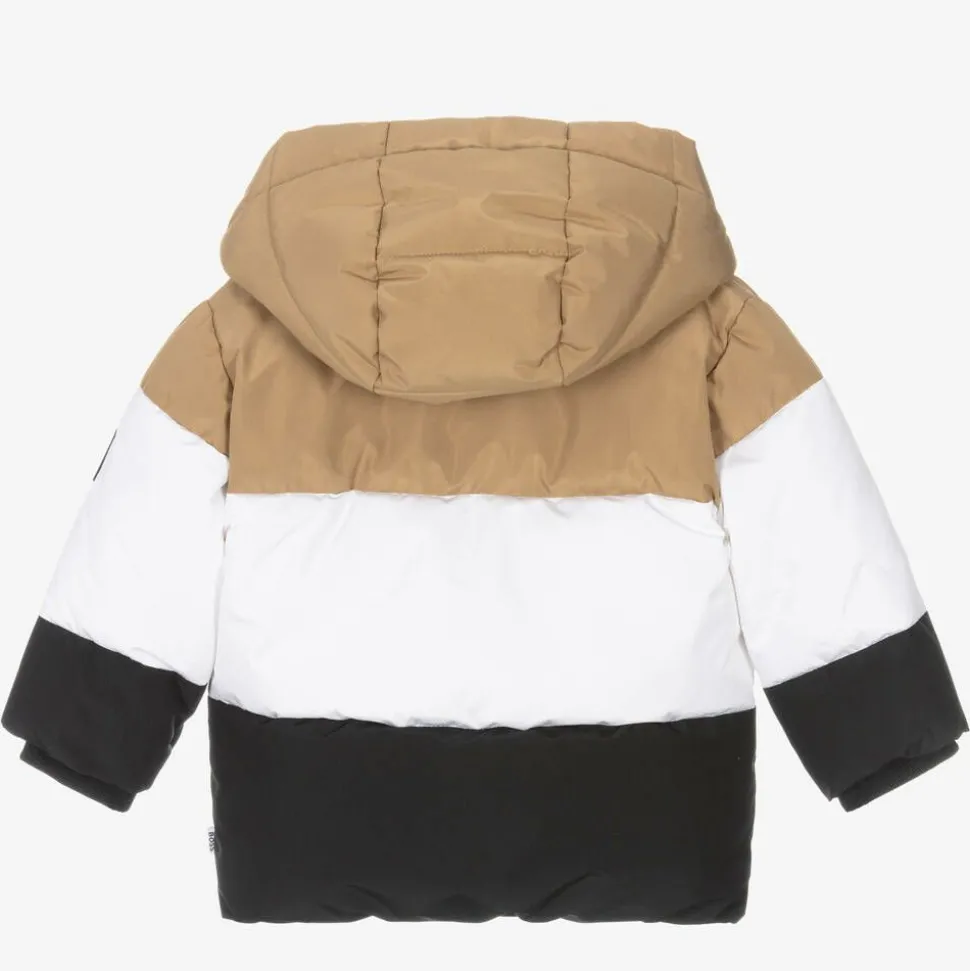 Boys Beige & Black Stripe Hooded Coat