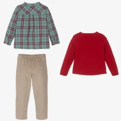 Boys Beige & Red Cotton Trouser Set