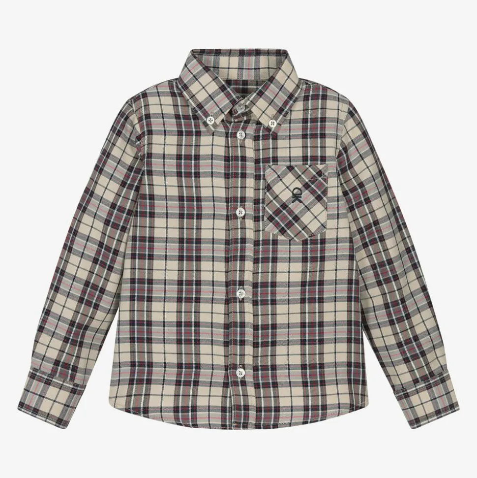 Boys Beige Check Cotton Shirt