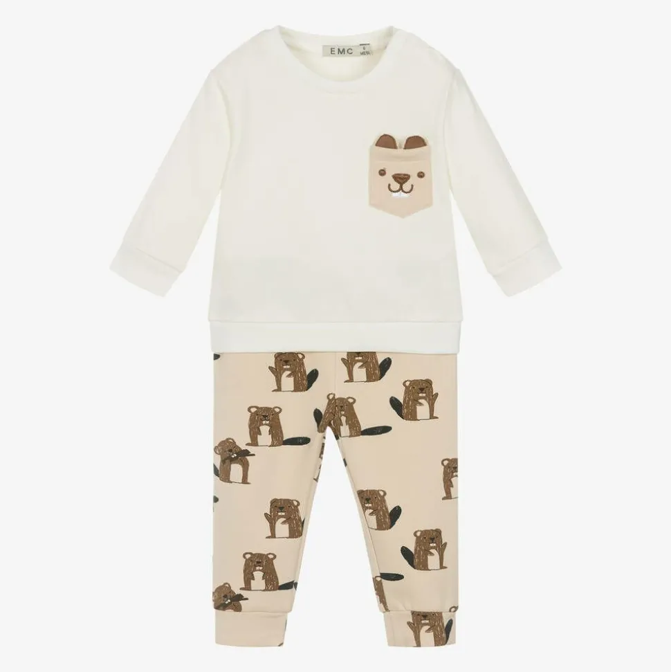 Boys Beige Cotton Beaver Print Trouser Set