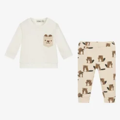 Boys Beige Cotton Beaver Print Trouser Set